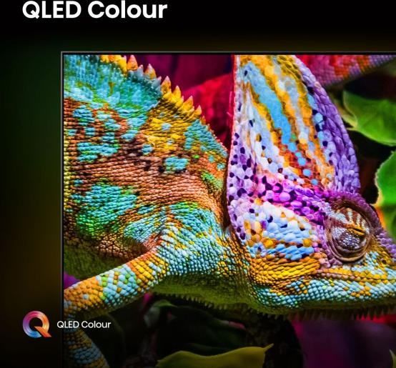 Kolorowy kameleon z żywymi odcieniami skóry w centrum. Tło pokazuje liście z efektem gradientu i tekstem QLED Colour.