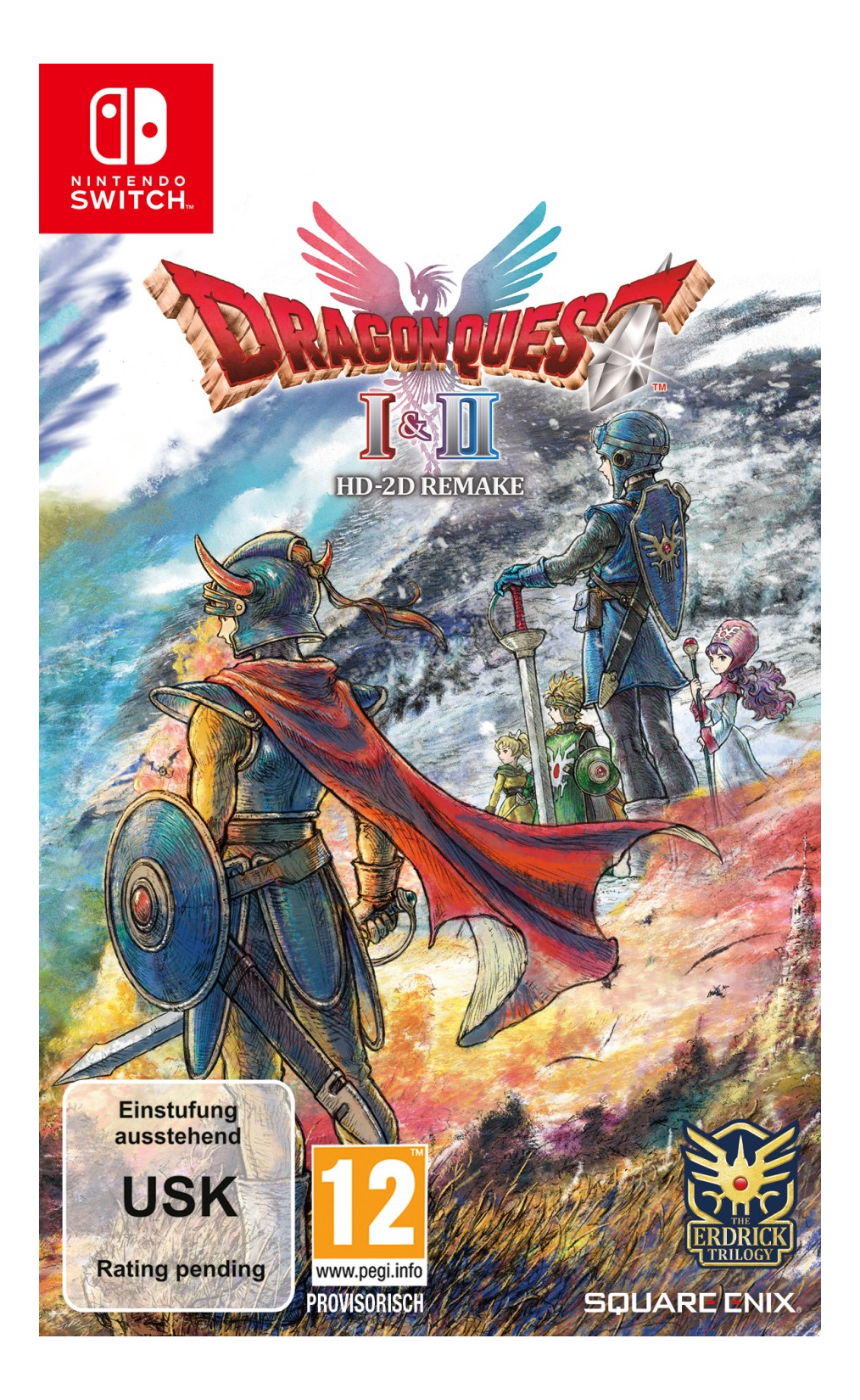 Jaquette du jeu Dragon Quest I & II HD-2D Remake. Personnages en armure avec des épées sur fond de montagnes et de ciel. Logo Nintendo Switch.