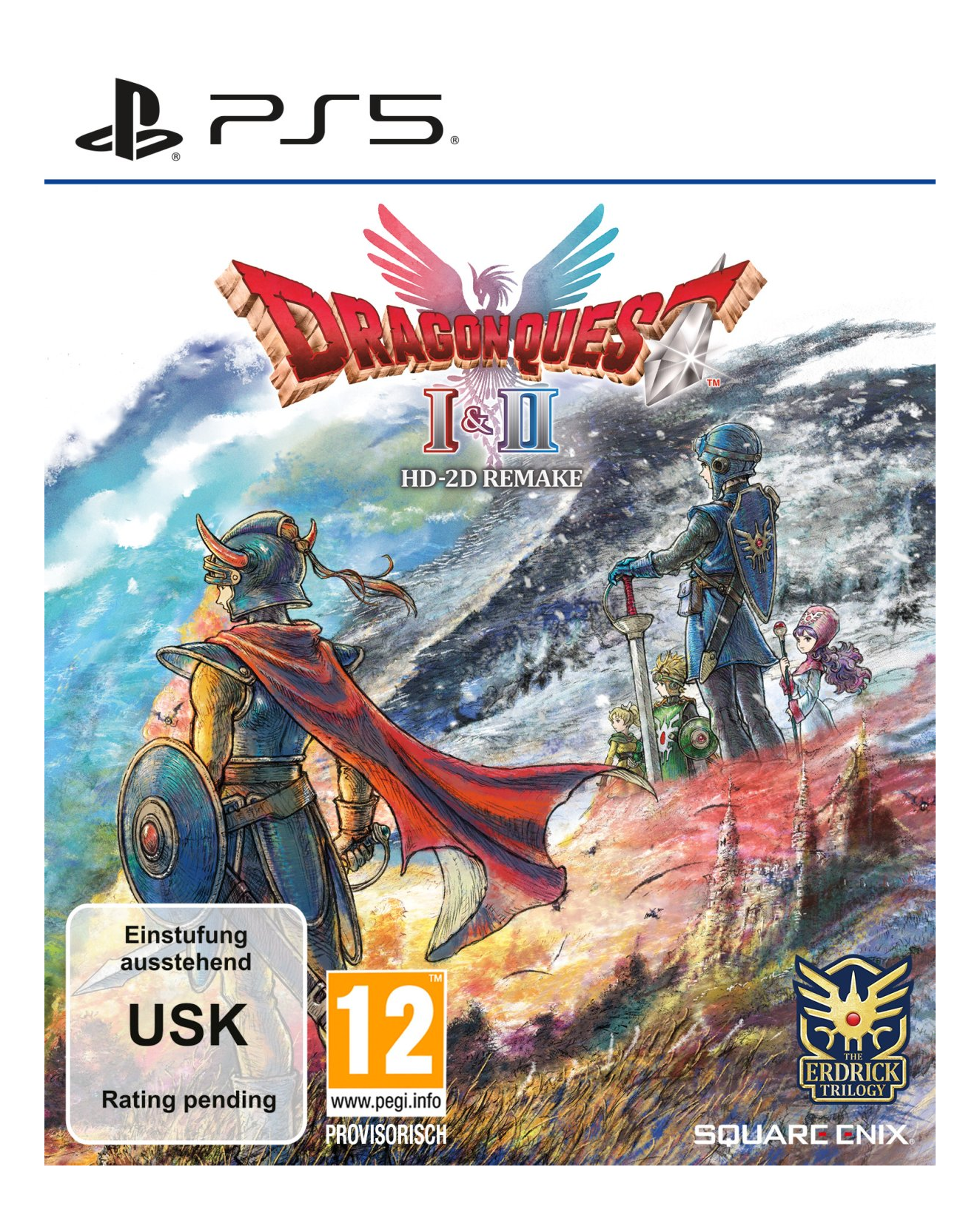 Couverture de Dragon Quest I & II HD-2D Remake. Comprend des personnages avec des armes, une cape rouge et une classification 12.