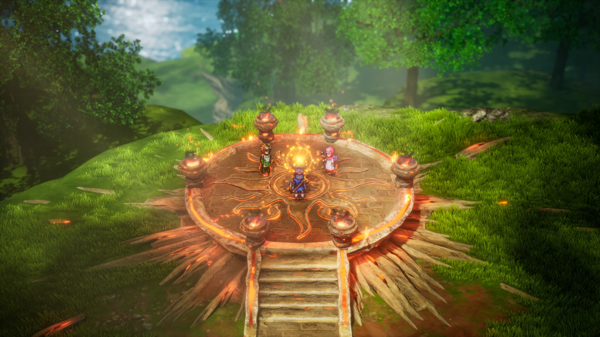 Une plateforme lumineuse avec des personnages se dresse dans un champ vert. Arbres et ciel en arrière-plan. Des accents de feu entourent la plateforme.