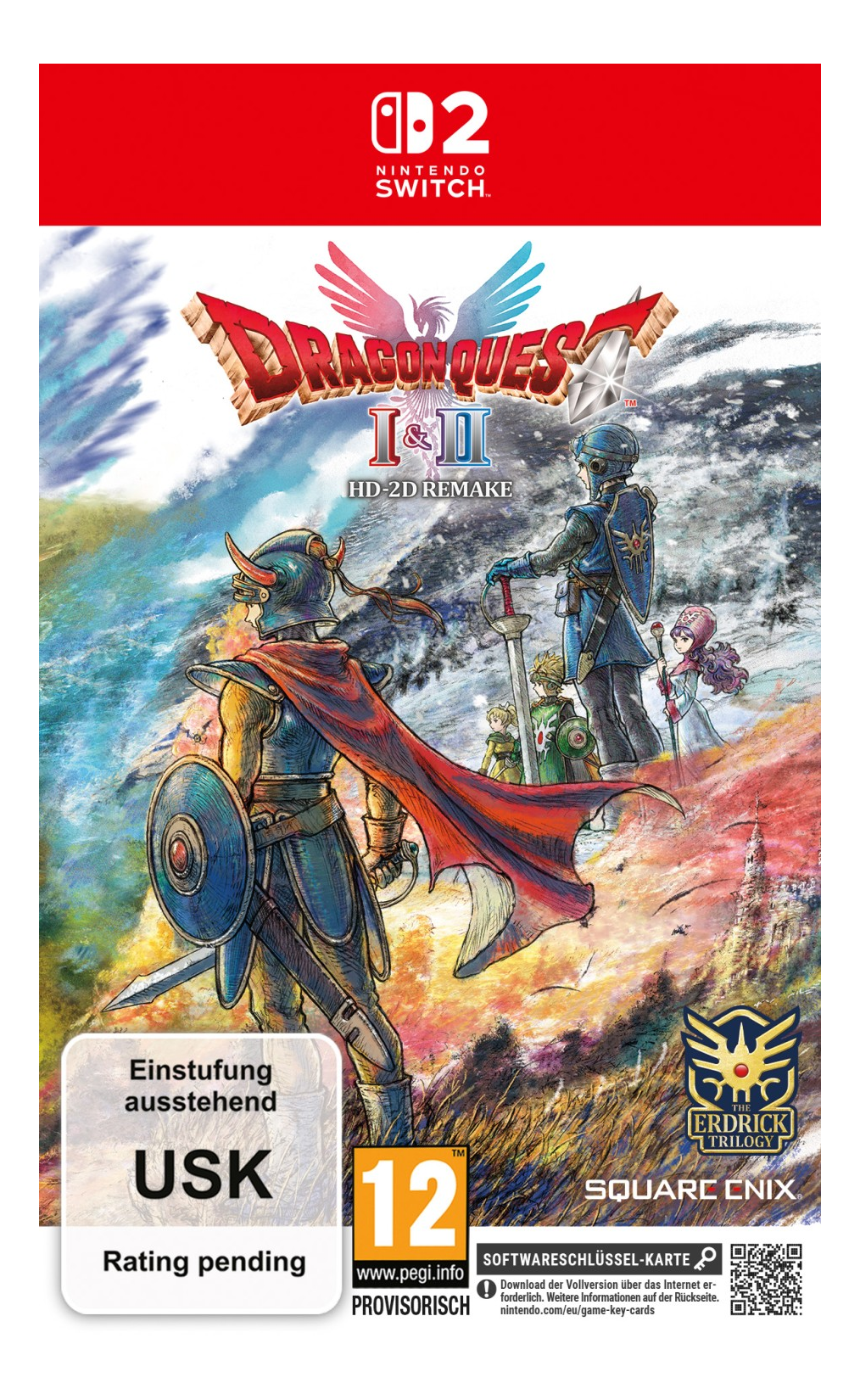 Couverture de Dragon Quest I & II HD-2D Remake. Un guerrier en armure avec une cape rouge devant un paysage fantastique.