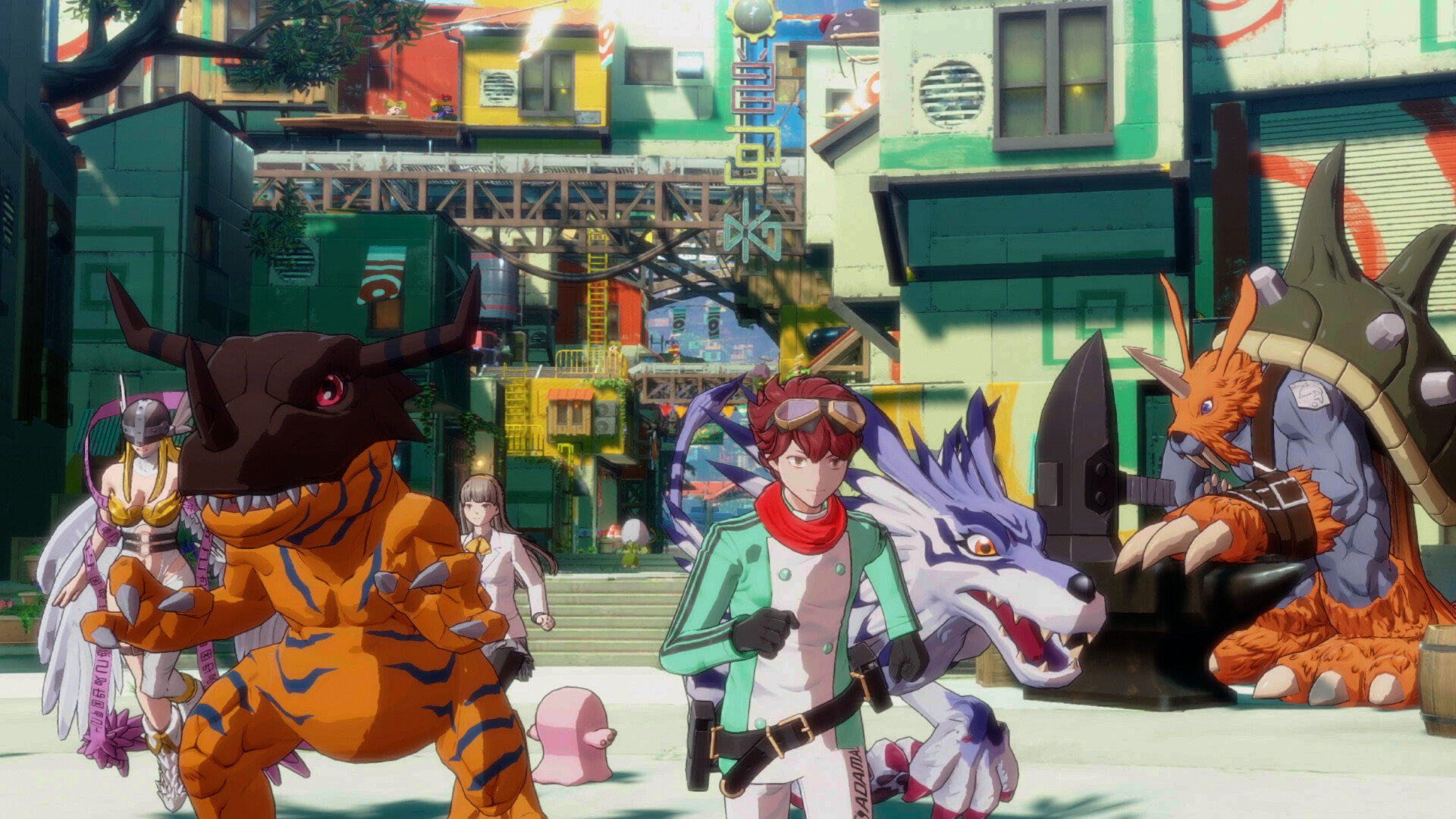 Animeszene mit Charakteren in einer Stadt. Ein orangefarbenes tigerartiges Wesen, ein blauer Wolf, ein Mensch mit Schutzbrille und andere Charaktere.