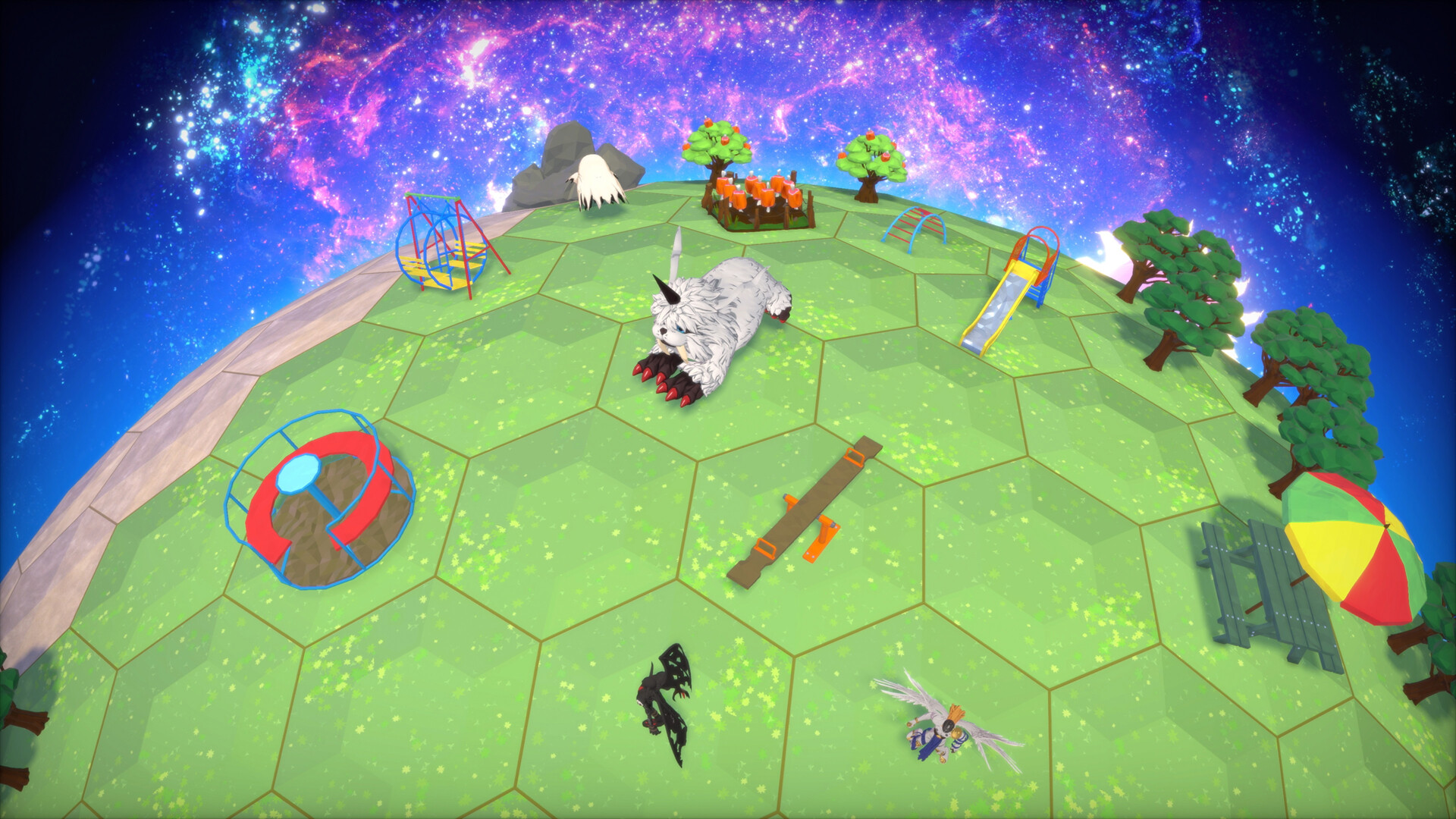 Ein skurriler Planet mit Spielgeräten, Bäumen und Kreaturen. Ein weißes Tier liegt auf dem Gras. Bunter Himmel im Hintergrund.