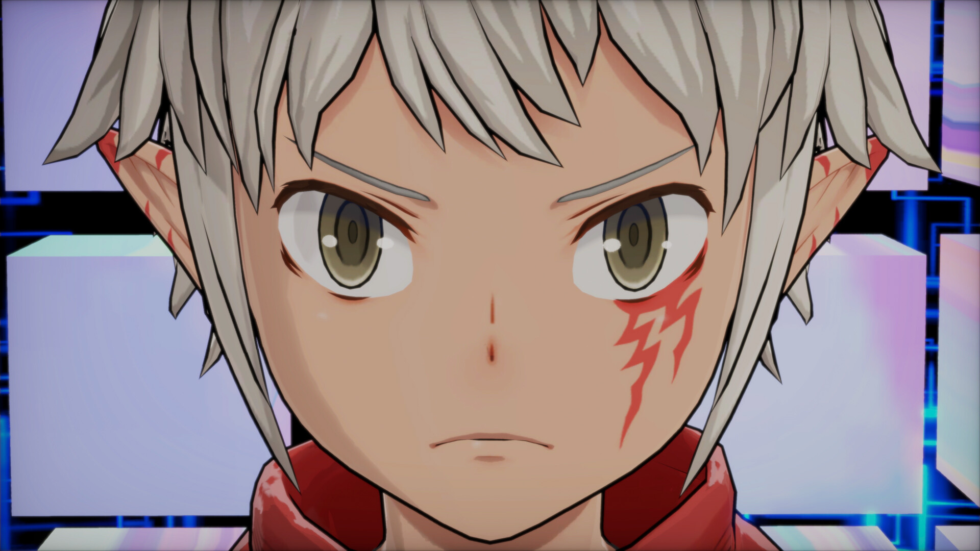 Anime-Figur mit weißen Haaren, ernstem Gesicht und roten Markierungen auf der Wange. Roter Kragen. Hintergrund mit blauen und weißen Würfeln.