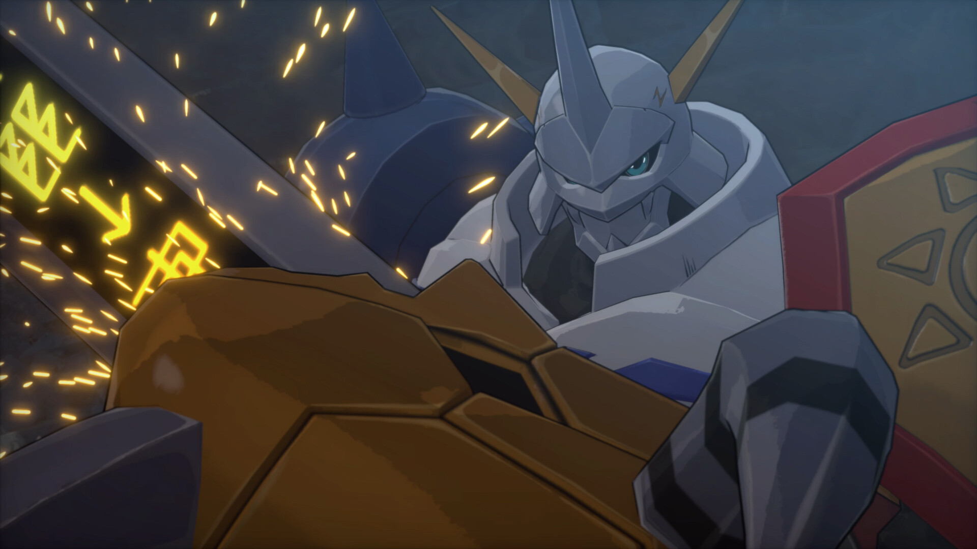Ein Digimon in grau-blauer Rüstung kämpft mit einem anderen in Gold. Funken fliegen. Ein Schild und ein Schwert sind sichtbar.