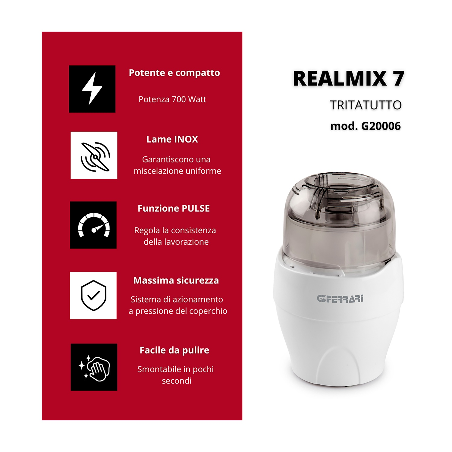 Un robot da cucina bianco e grigio con un pannello nero a sinistra con icone e testo. Il marchio è REALMIX 7.