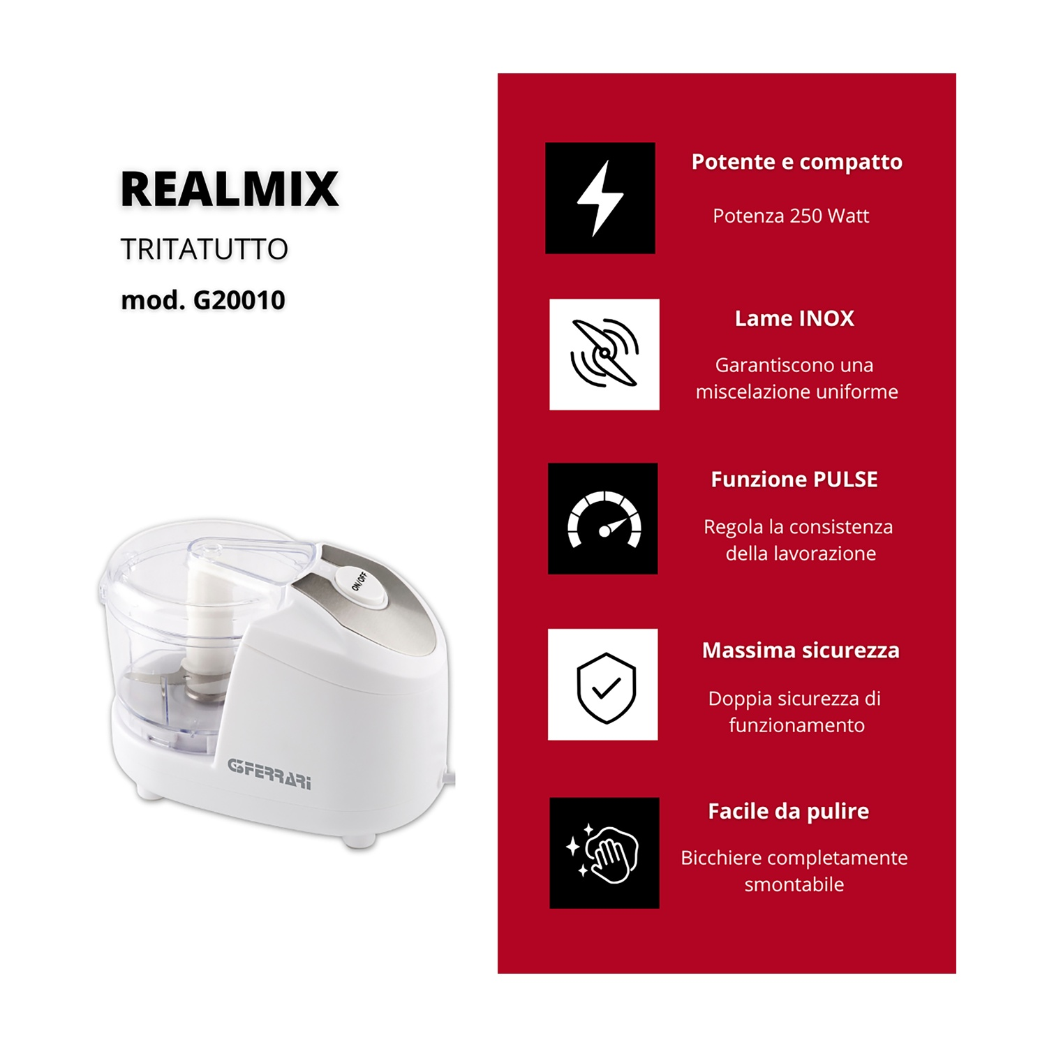 Un robot da cucina Realmix bianco con coperchio trasparente e dettagli argentati, su sfondo bianco con testo a destra.