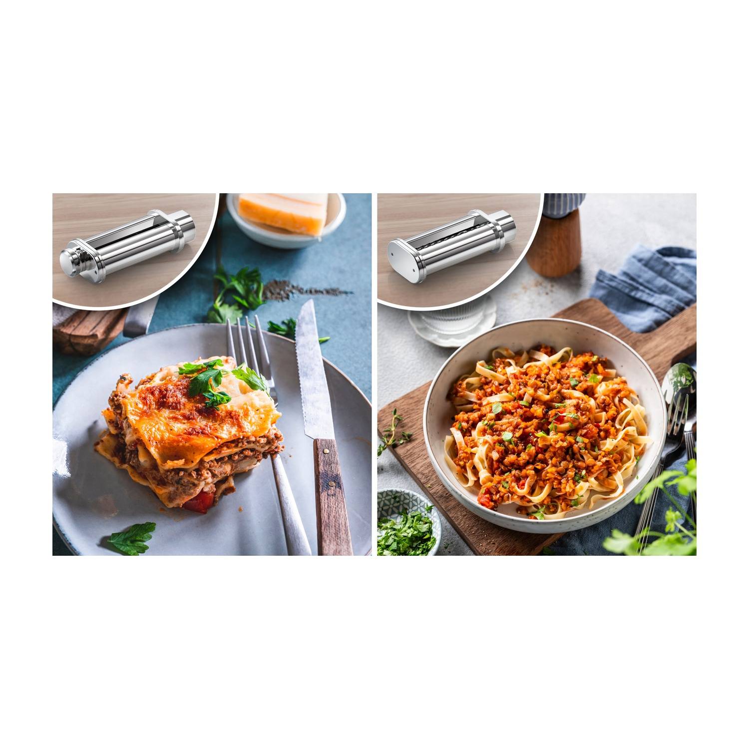 Un'immagine composita. A sinistra, lasagne e macchina per la pasta. A destra, pasta al ragù e macchina per la pasta.