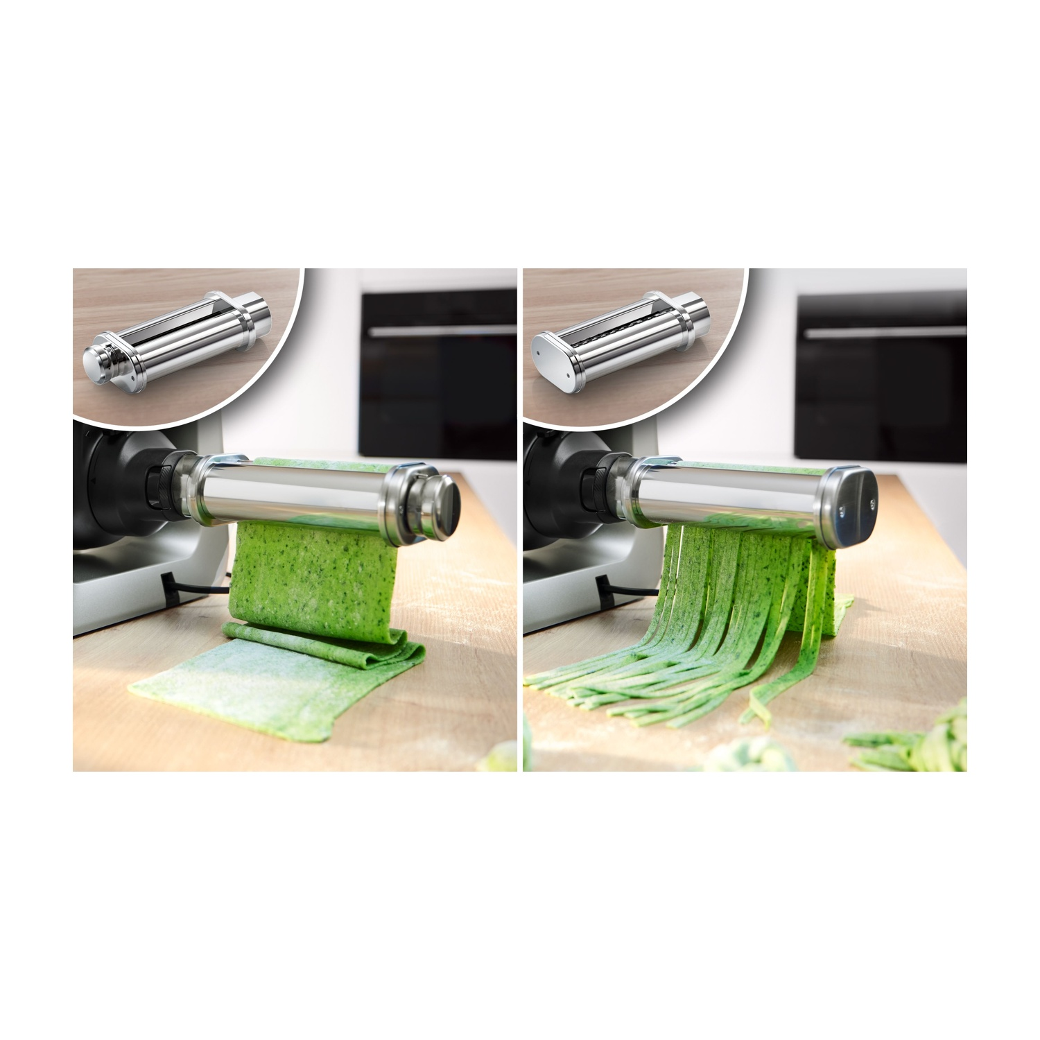 Una macchina per la pasta sta estrudendo pasta verde su una superficie di legno. La macchina e la pasta tagliata sono in primo piano. Lo sfondo mostra una cucina.