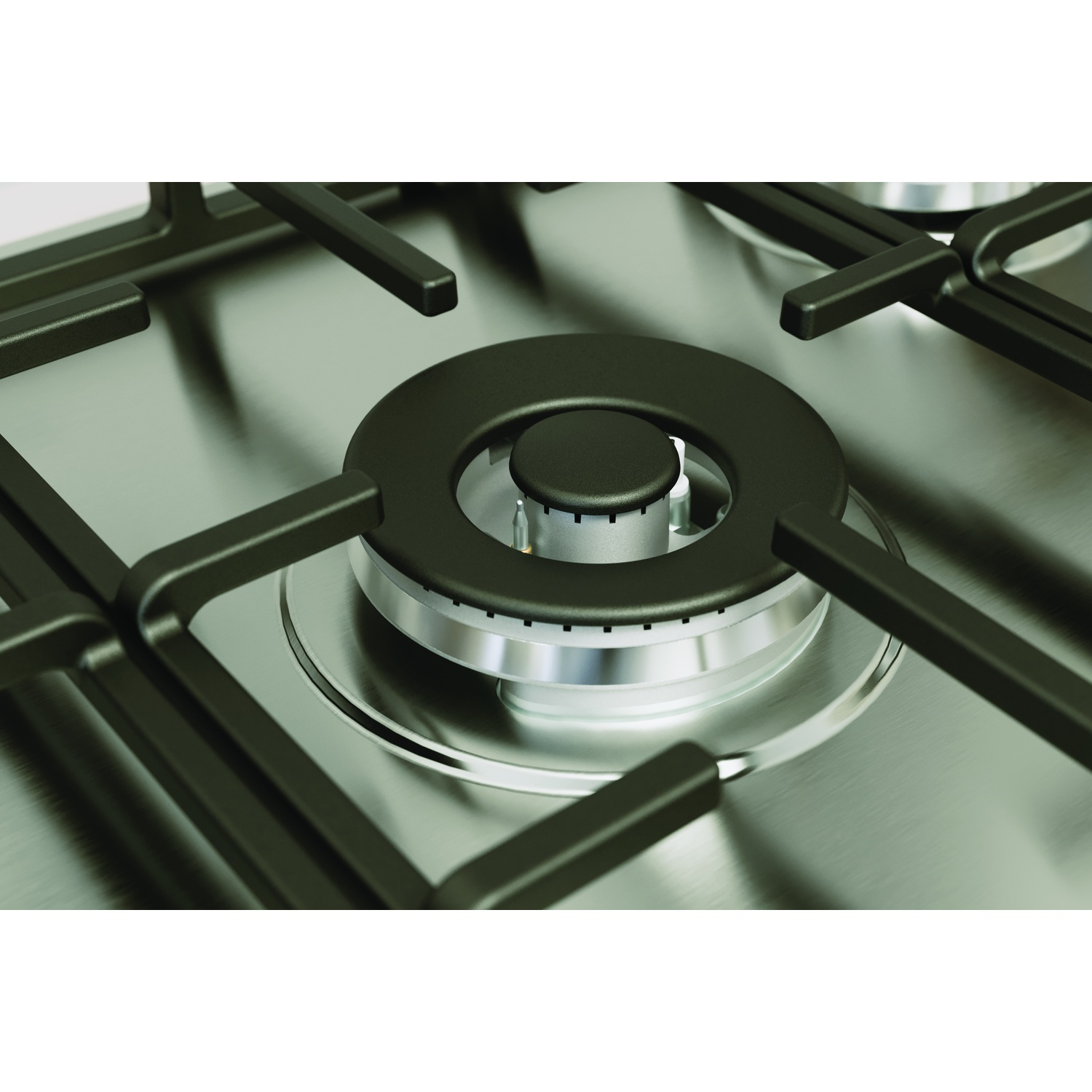 Primo piano di un moderno fornello con griglie nere e anelli bruciatore su una superficie in acciaio inox. Il bruciatore è a fuoco.