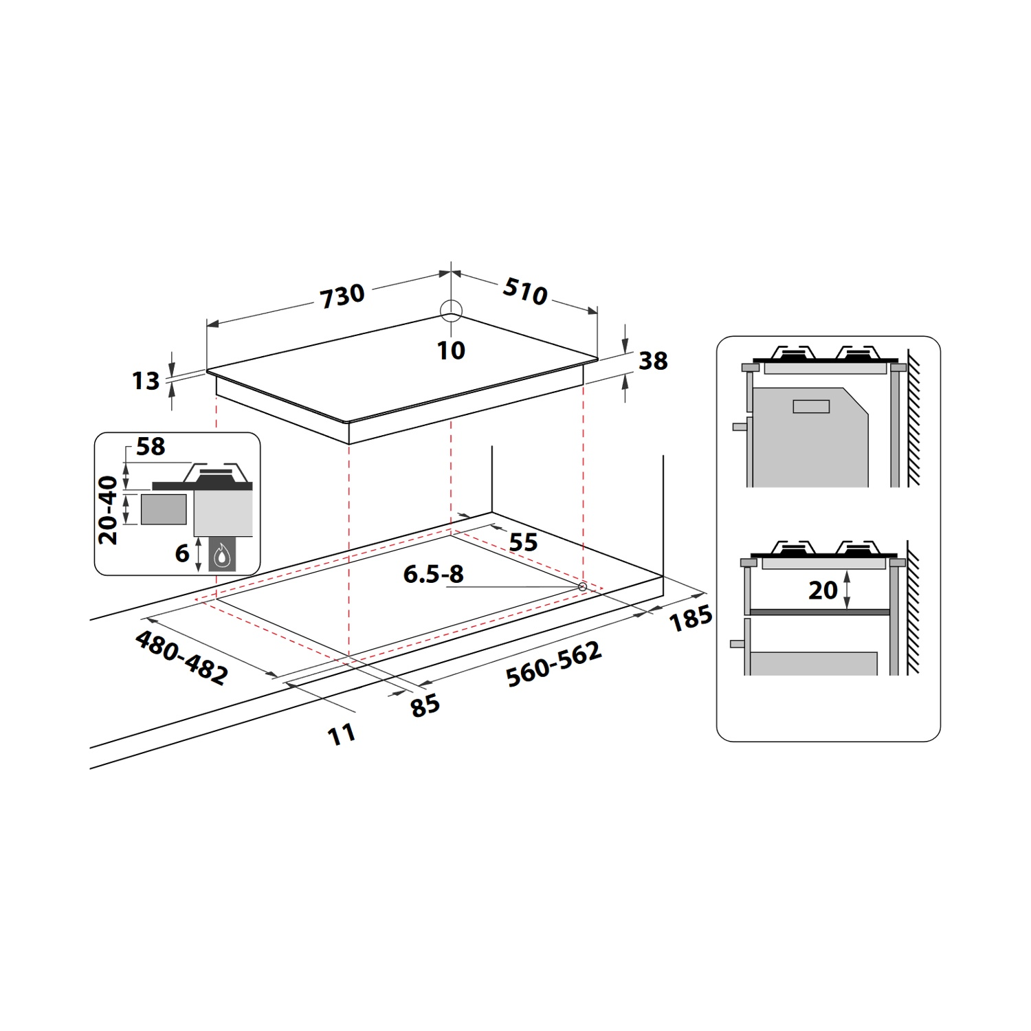 Schema di un piano cottura con dimensioni e sezioni trasversali. Le misure sono in mm. Include viste dall'alto e laterali.