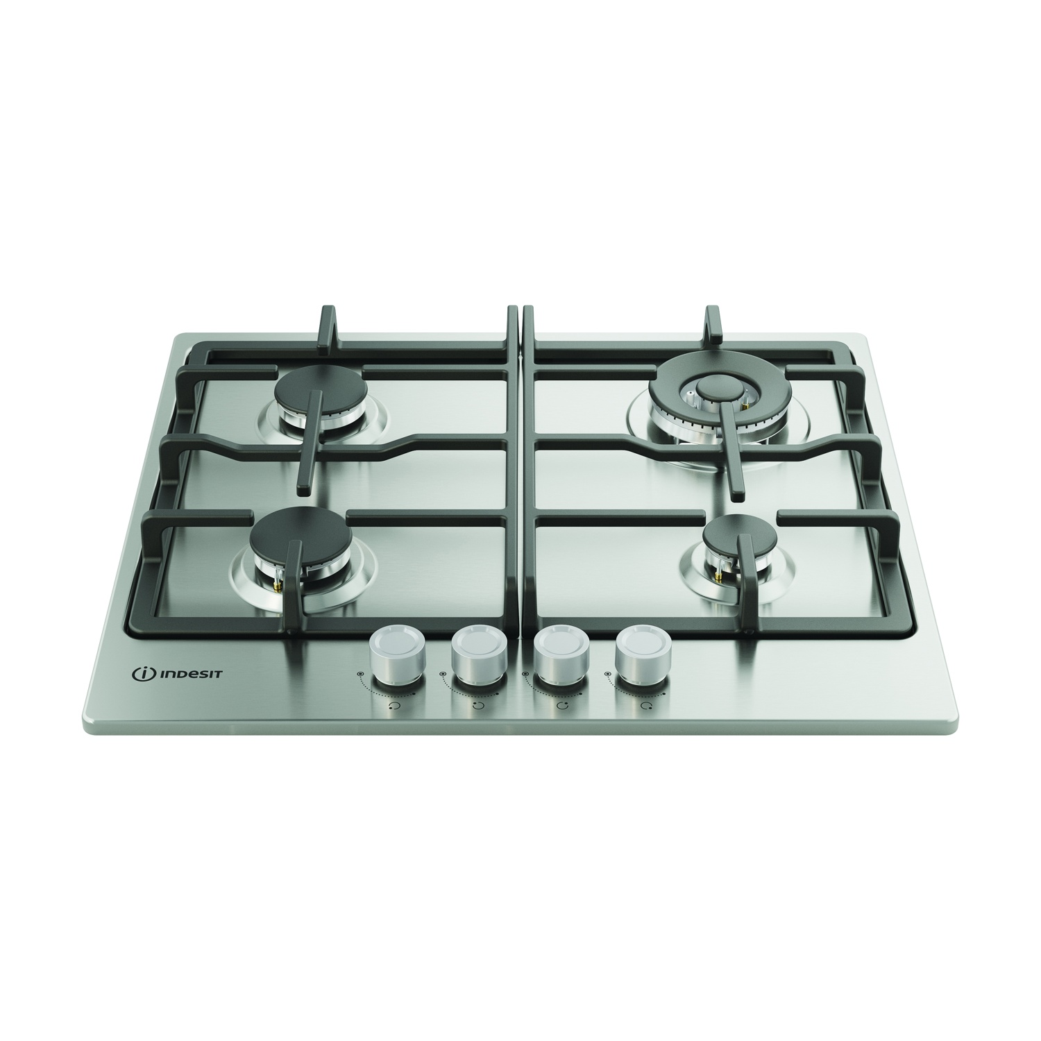 Un piano cottura a gas in acciaio inossidabile con quattro fuochi e manopole, marchio Indesit, su sfondo bianco.