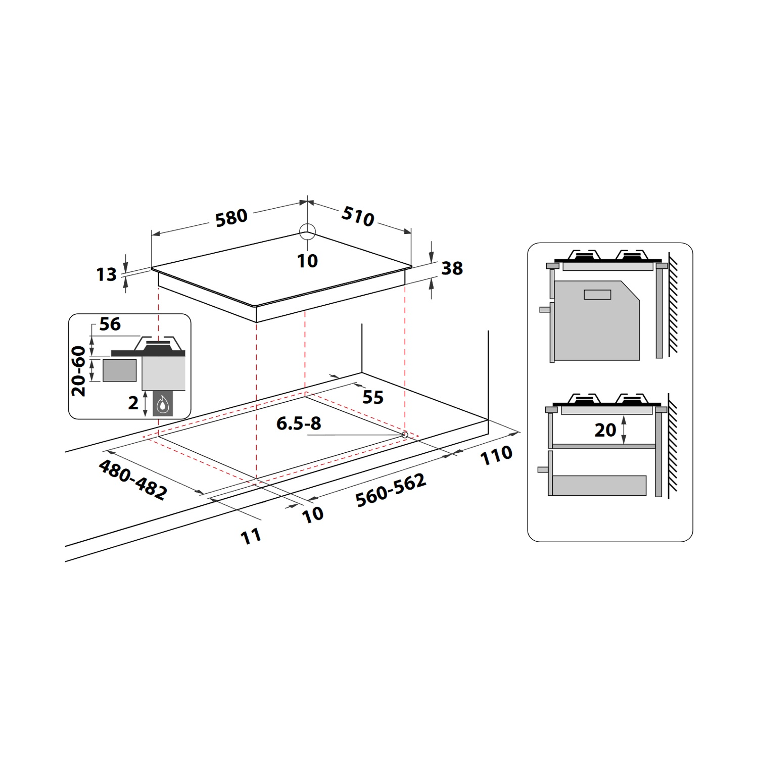Schema di un piano cottura con dimensioni. Le misure sono in mm. Dettagli includono dimensioni piano, ritaglio e dettagli bruciatori.