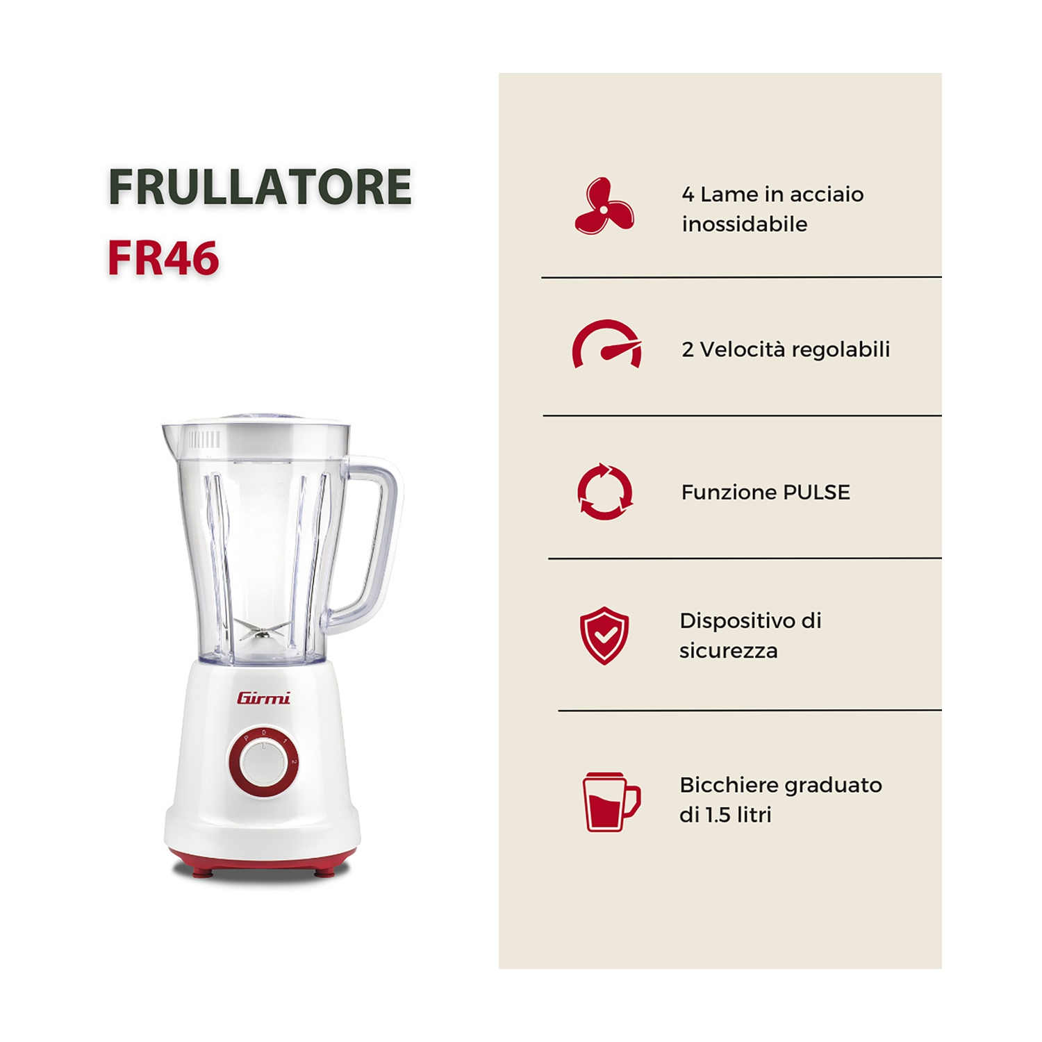 Frullatore bianco e rosso con contenitore trasparente. Caratteristiche: 4 lame in acciaio inox, velocità regolabili e funzione pulse.