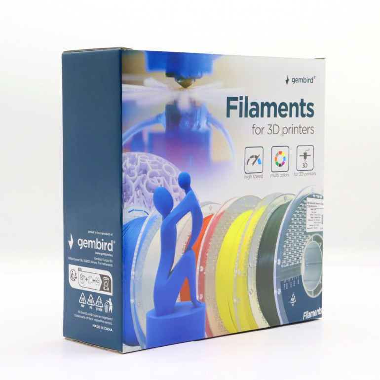 Egy doboz Gembird filament 3D nyomtatókhoz. Különböző színű filament orsókat, ikonokat és egy kék figurát ábrázol.