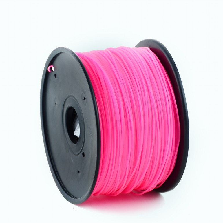 Rózsaszín 3D nyomtató filamentum tekercs, fekete orsó. Fehér háttéren izolálva.