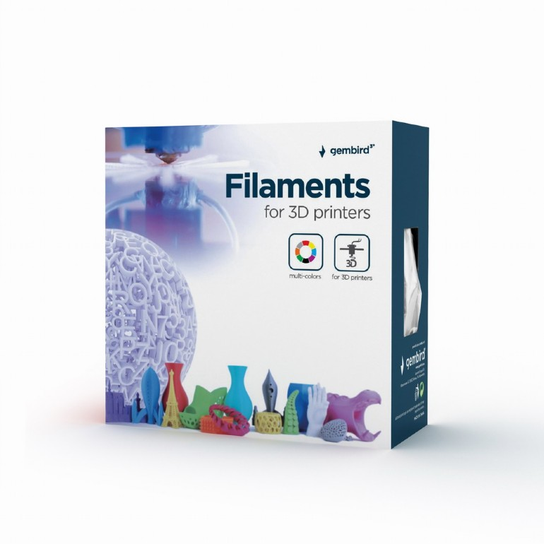 Egy doboz Gembird filament a 3D nyomtatókhoz. Színes 3D nyomtatott tárgyakat, 3D nyomtató ikont és egy színkereket mutat.