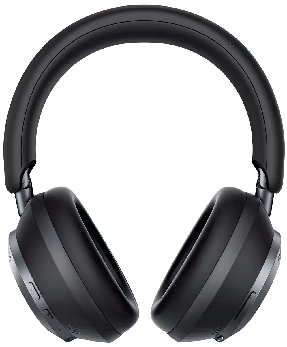 Czarne słuchawki z zakrzywionym pałąkiem i dwoma nausznikami. Nauszniki mają przyciski i srebrne akcenty. Odizolowane na białym tle.