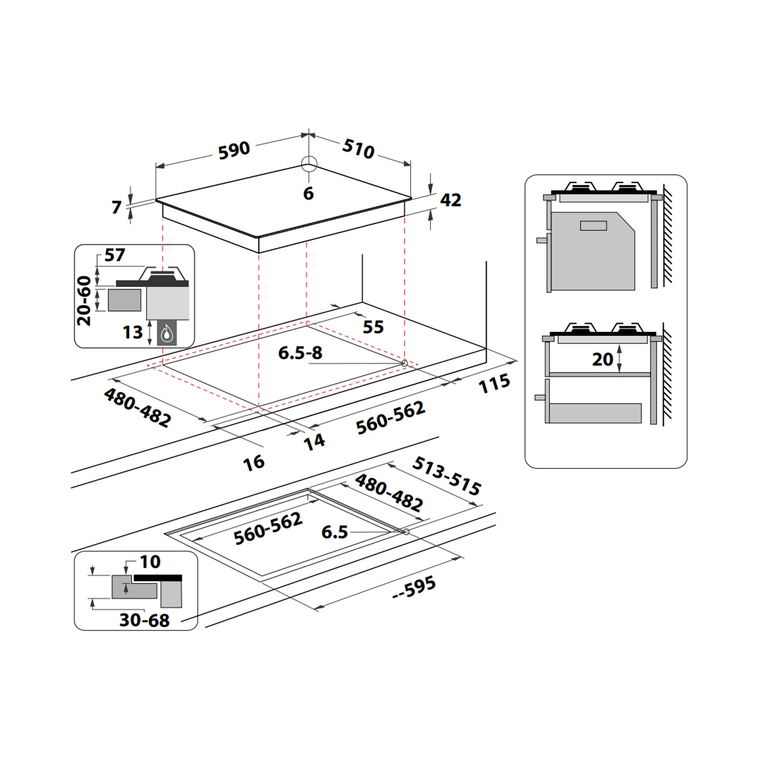 Diagramma di un piano cottura con dimensioni in millimetri. Mostra viste dall'alto, laterali e sezioni dettagliate.