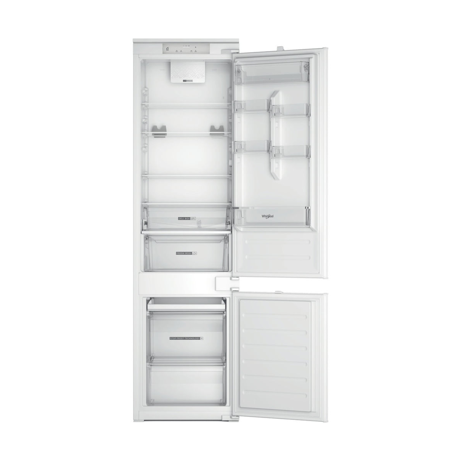 Frigorifero bianco con ante aperte. Sono visibili ripiani interni, cassetti e un vano congelatore. Marca: Whirlpool.