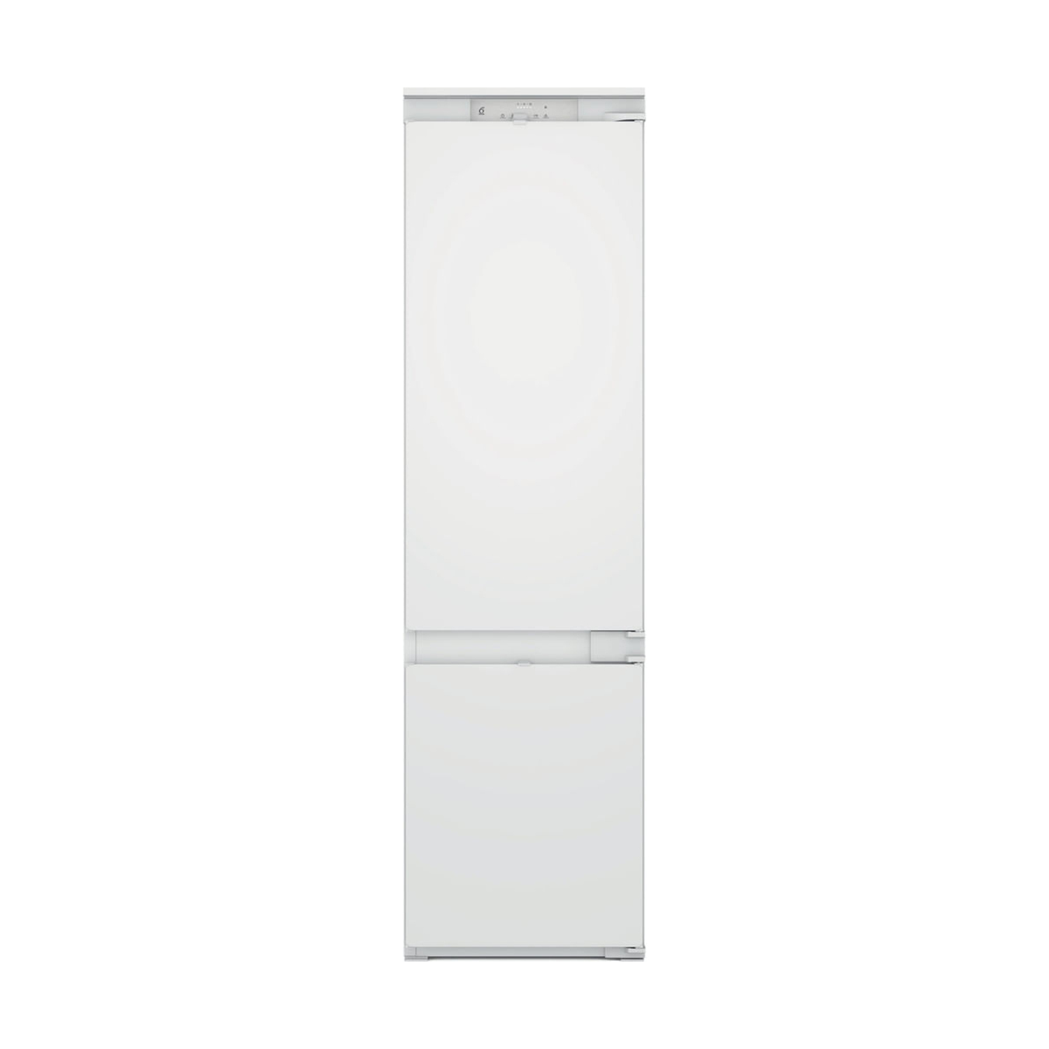 Un frigorifero bianco con due porte su sfondo bianco. La porta superiore è più grande. Ha un pannello di controllo.