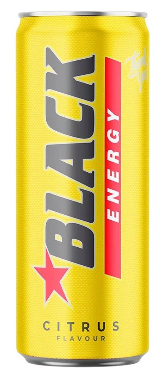 Żółta puszka Black Energy o smaku cytrusowym. Ma czarny i czerwony tekst oraz czerwoną gwiazdę.