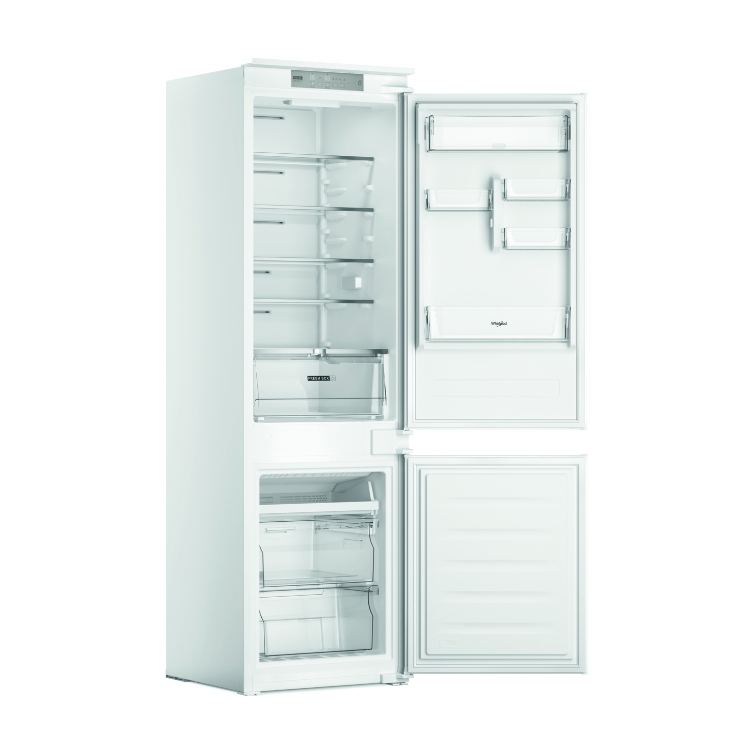 Frigorifero bianco a incasso, ante aperte. Ripiani, cassetti e il logo Whirlpool visibili.