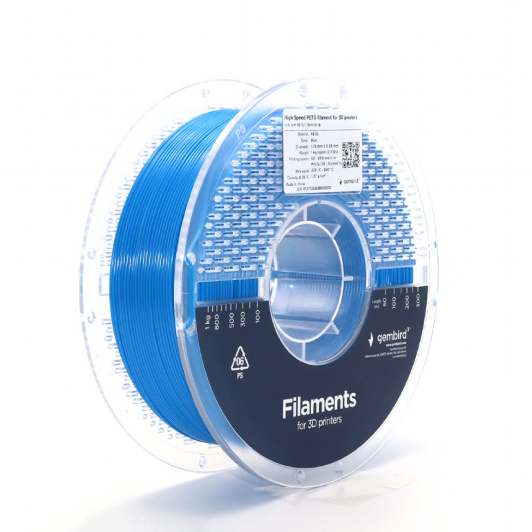 Kék filamenttekercs 3D nyomtatókhoz. A tekercs átlátszó, benne kék filamenttel. A címke azt írja: 'Filaments for 3D printers'.
