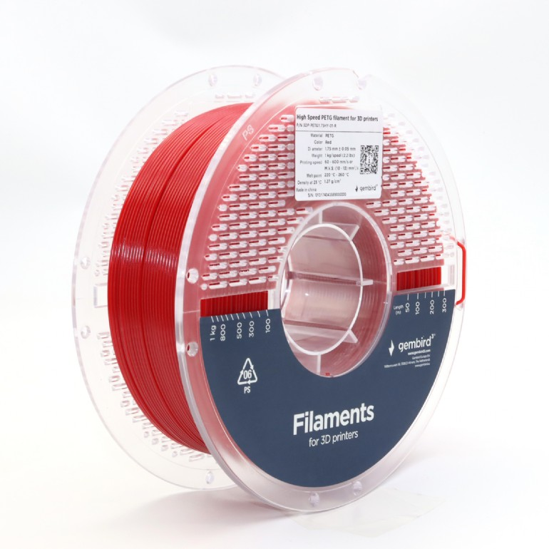 GEMBIRD HS nagysebességű PETG filament szál 3D nyomtatóhoz, 1,75 mm, 1 kg, piros (3DP-PETG1.75HY-01-R)