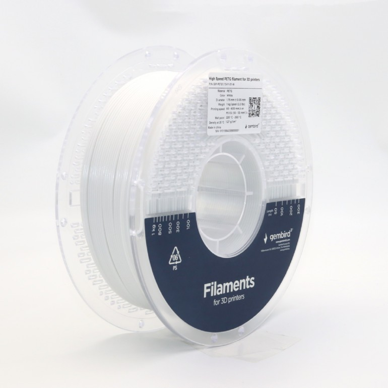 Fehér filament orsó 3D nyomtatókhoz. Az orsón szöveg található, amely leírja az anyagot és annak specifikációit.
