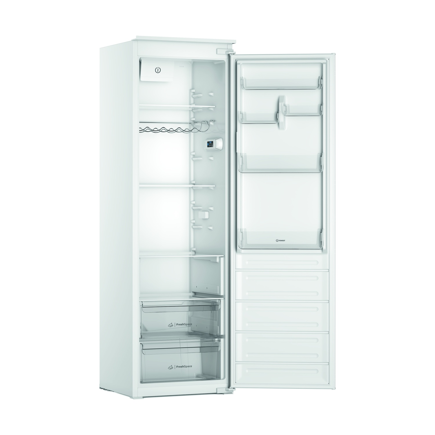 Un frigorifero bianco con la porta aperta rivela ripiani, cassetti e scomparti. La porta è a destra.