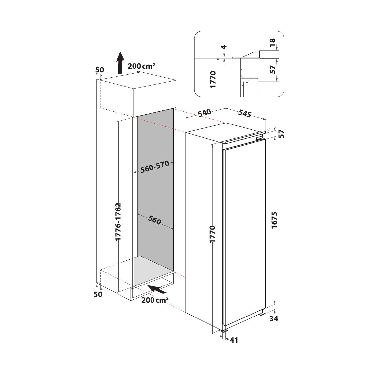 Un diagramma che mostra le dimensioni di un frigorifero. Il disegno include misure in cm per altezza, larghezza e profondità, in vista tecnica.