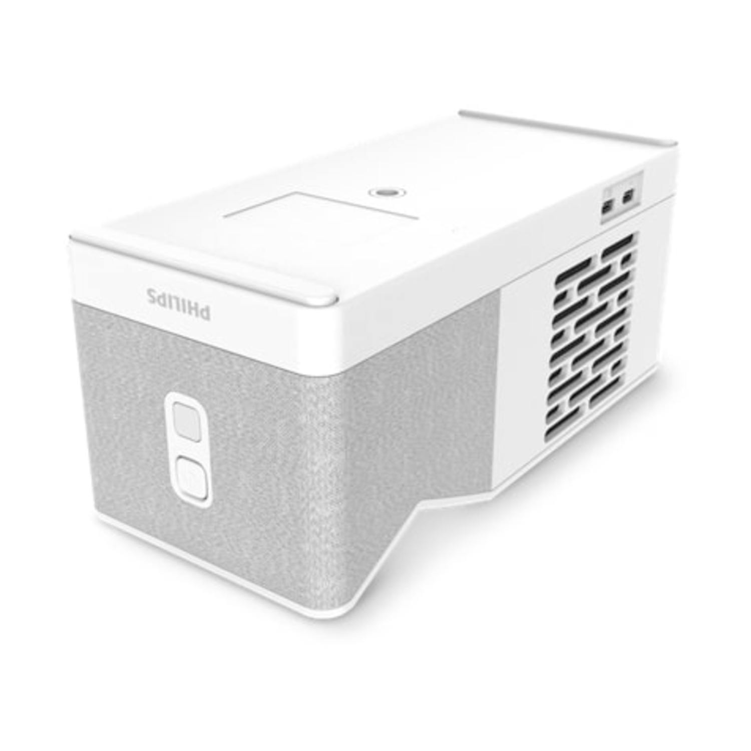 Un dispositivo Philips bianco e grigio con un design simile a un altoparlante. Ha pulsanti e una griglia di ventilazione laterale. Il marchio è visibile.