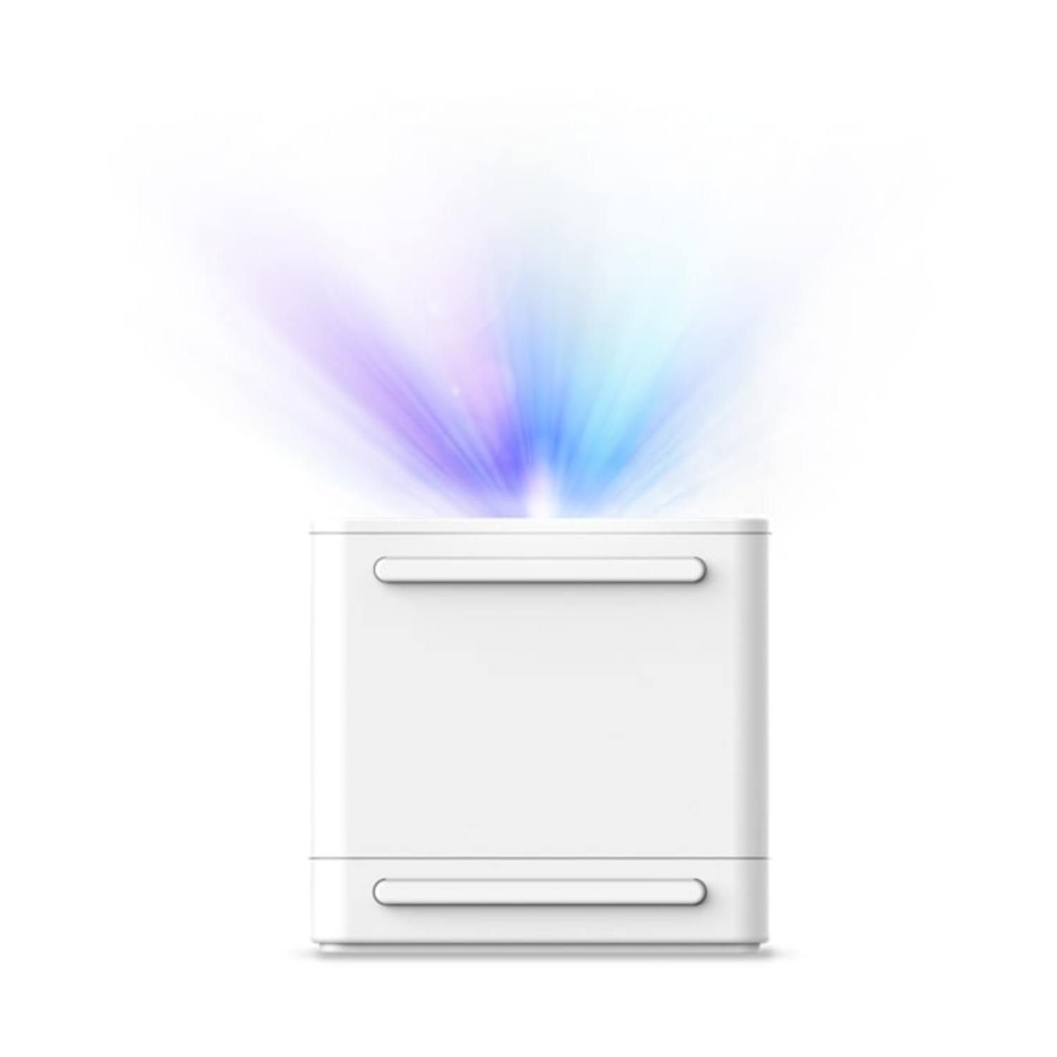 Un dispositivo bianco a forma di cubo emette un'esplosione di luce viola e blu verso l'alto. Ha due maniglie curve sul davanti.