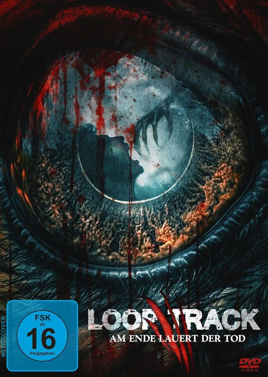 Filmposter mit großem Auge, Blut und Krallen. Der Titel "LOOP TRACK" und die Altersfreigabe sind sichtbar.
