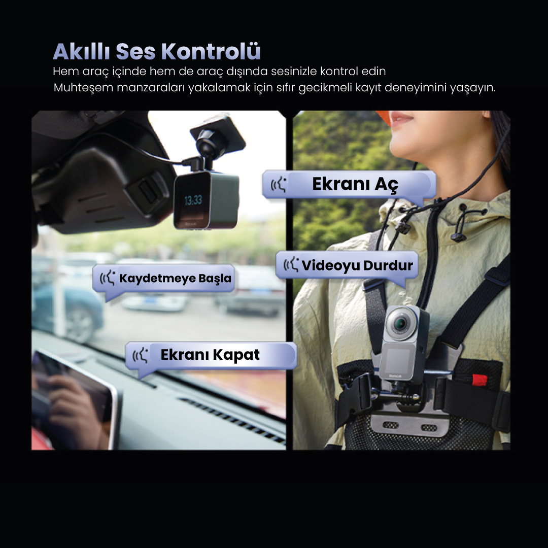 Görüntü, ses kontrolü özelliklerini gösteriyor. Araba kamerası ve göğüs kamerası, ekran ve video kontrolü için etiketlenmiş düğmelerle.