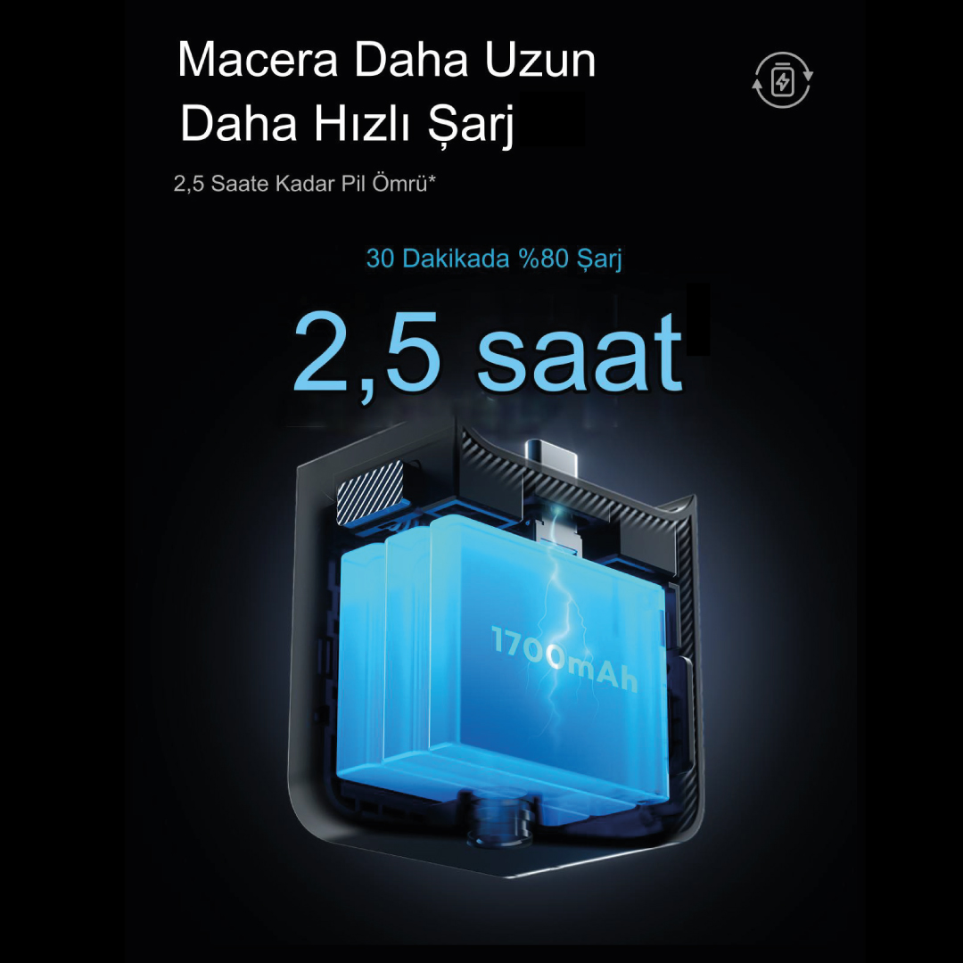 Görselde, Daha Uzun Macera, Daha Hızlı Şarj yazan bir pil görülüyor. 2,5 saat pil ömrü ve 30 dakikada %80 şarjı vurguluyor.