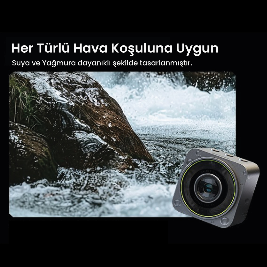 Siyah bir arka plan üzerinde yeşil bir halkaya sahip bir kamera, arka planda kayaların üzerinden akan bir nehir.