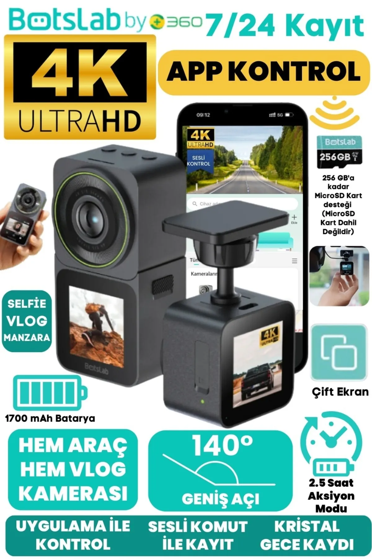 Siyah aksiyon kamerası seti, telefon ve araba kaydı gösteren ekran. Özellikler: 4K, uygulama kontrolü ve 140° geniş açı.