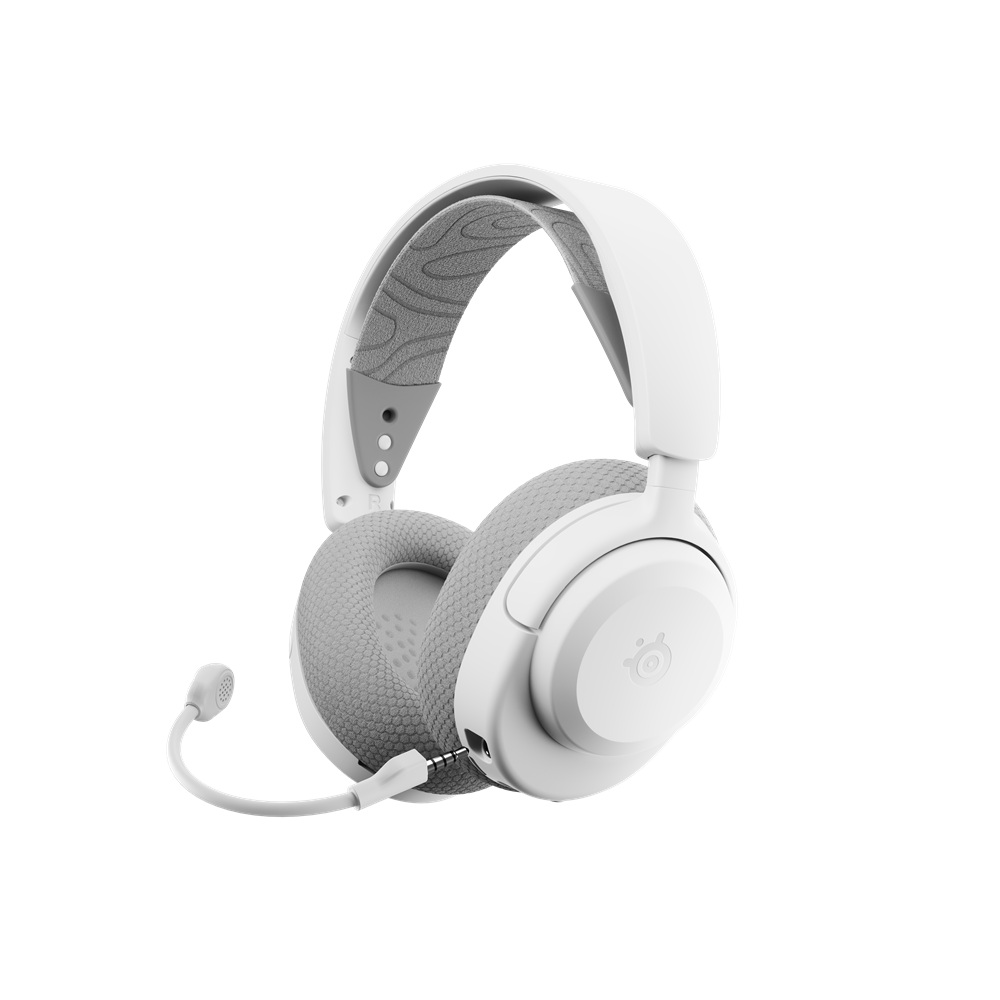 Beyaz ve gri oyun kulaklığı. Gri kulaklıklar ve kafa bandı dolgusu. Bir mikrofon sol kulaklıktan uzanır. SteelSeries logosu.