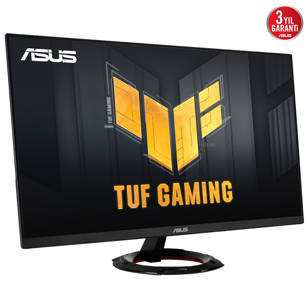 ASUS TUF Gaming monitör. Siyah çerçeve, kırmızı detaylı siyah stand. Ekran, koyu arka planda sarı logo gösterir. 3 yıl garanti.