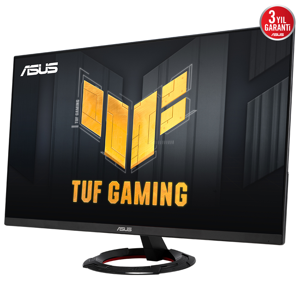 ASUS TUF Gaming monitör. Siyah çerçeve, kırmızı detaylı siyah stand. Ekran, siyah arka plan üzerinde altın rengi bir logo gösteriyor.