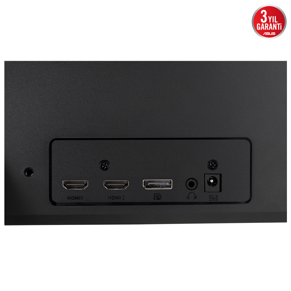 HDMI 1, HDMI 2 etiketli bağlantı noktaları ve bir güç girişi olan siyah bir monitörün arkası. Sağ üst köşede 3 yıllık garanti etiketi var.