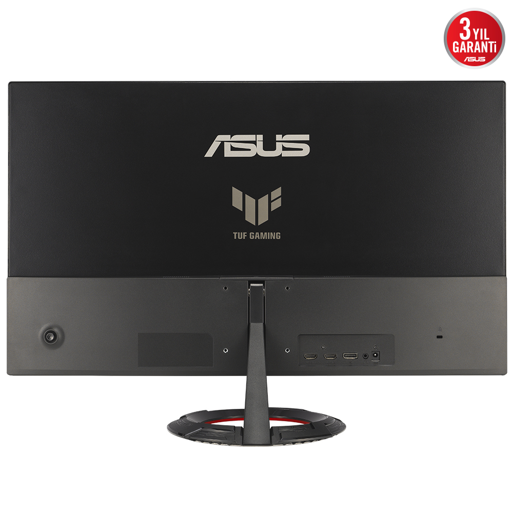 Siyah bir ASUS TUF Gaming monitör. Arka tarafı, logo ve bağlantı noktalarını gösteriyor. Garanti rozeti sağ üst köşede.