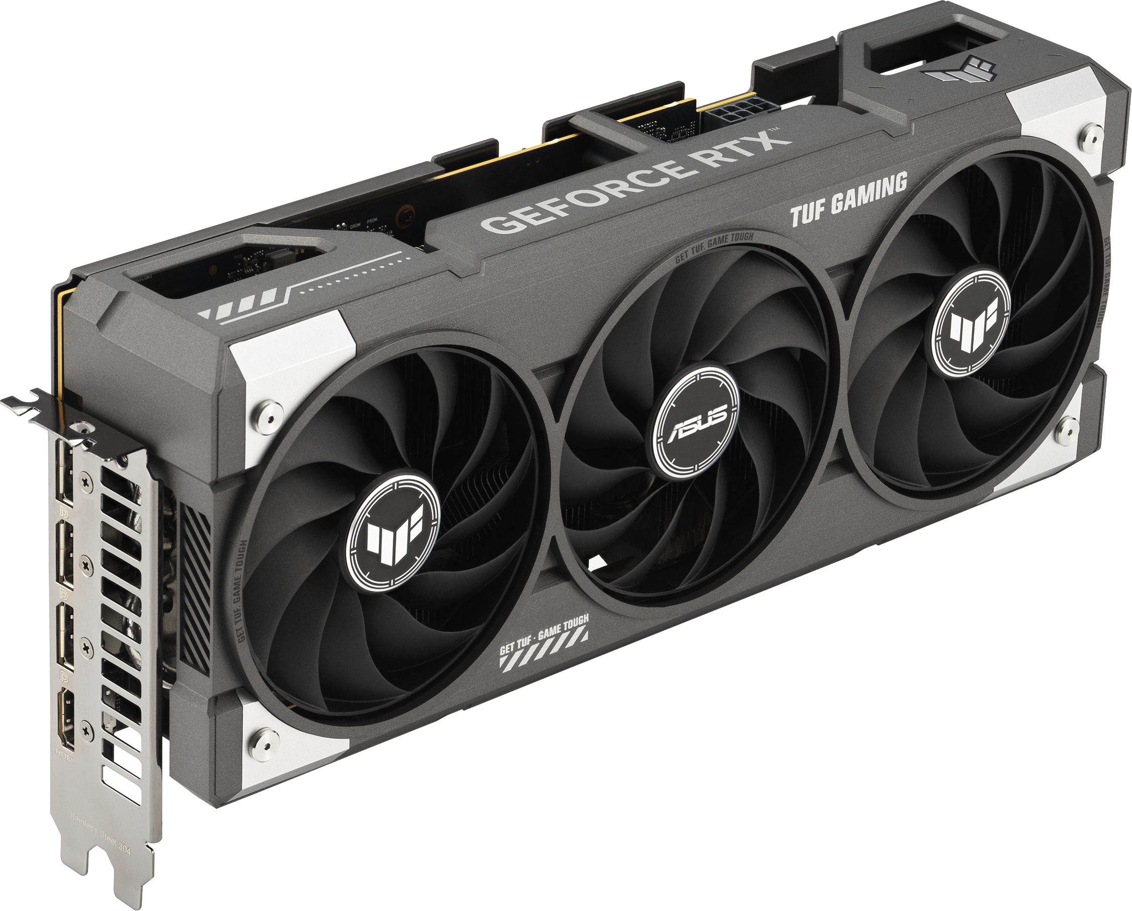 Une carte graphique grise et noire avec trois ventilateurs, la marque est ASUS TUF Gaming GeForce RTX.
