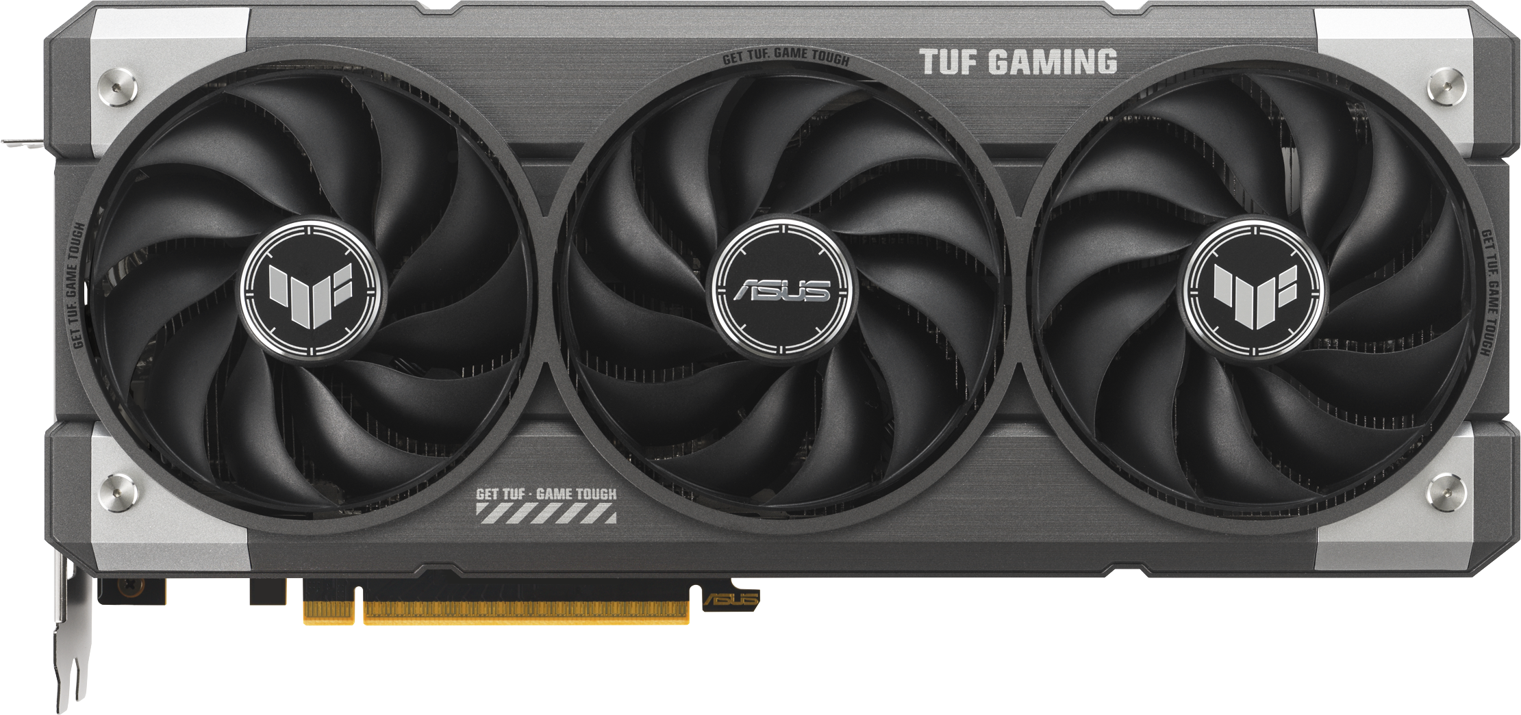 Une carte graphique TUF Gaming noire et grise avec trois ventilateurs. Le logo ASUS et 'TUF GAMING' sont visibles.