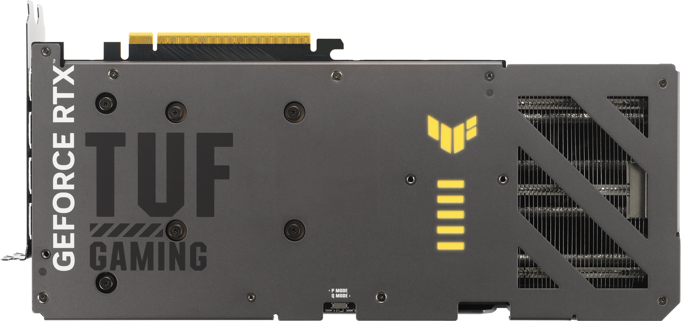 Une carte graphique grise NVIDIA GeForce RTX TUF Gaming. Comprend un logo jaune et des barres jaunes éclairées indiquant le mode d'alimentation.