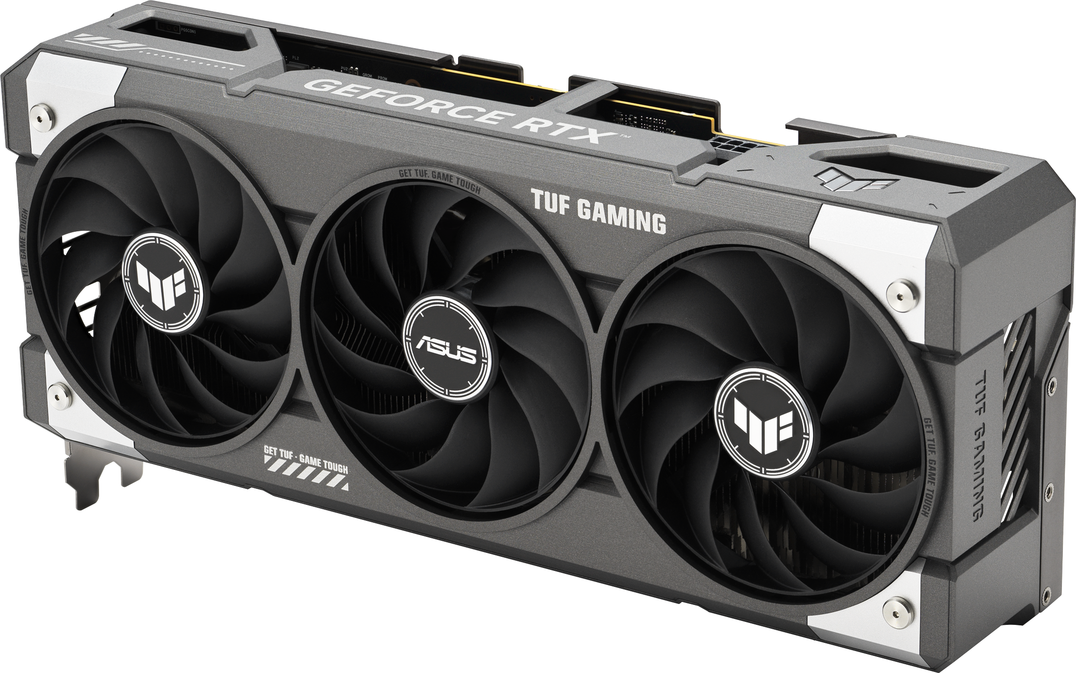 Une carte graphique Asus GeForce RTX TUF Gaming grise et noire avec trois ventilateurs. La carte est sur fond blanc.