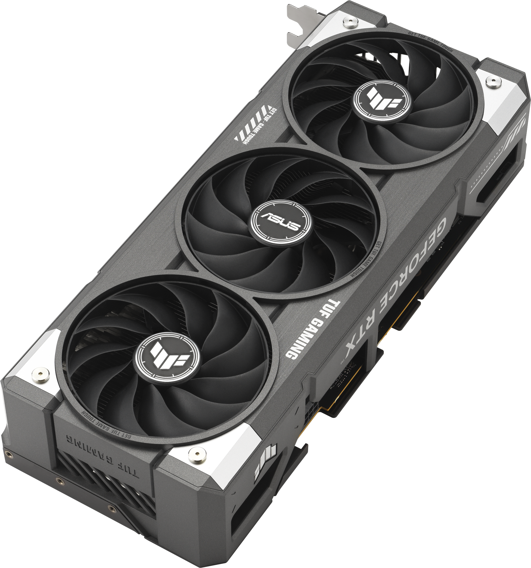 Une carte graphique grise et noire avec trois ventilateurs, l'Asus TUF Gaming RTX. Le fond est blanc.