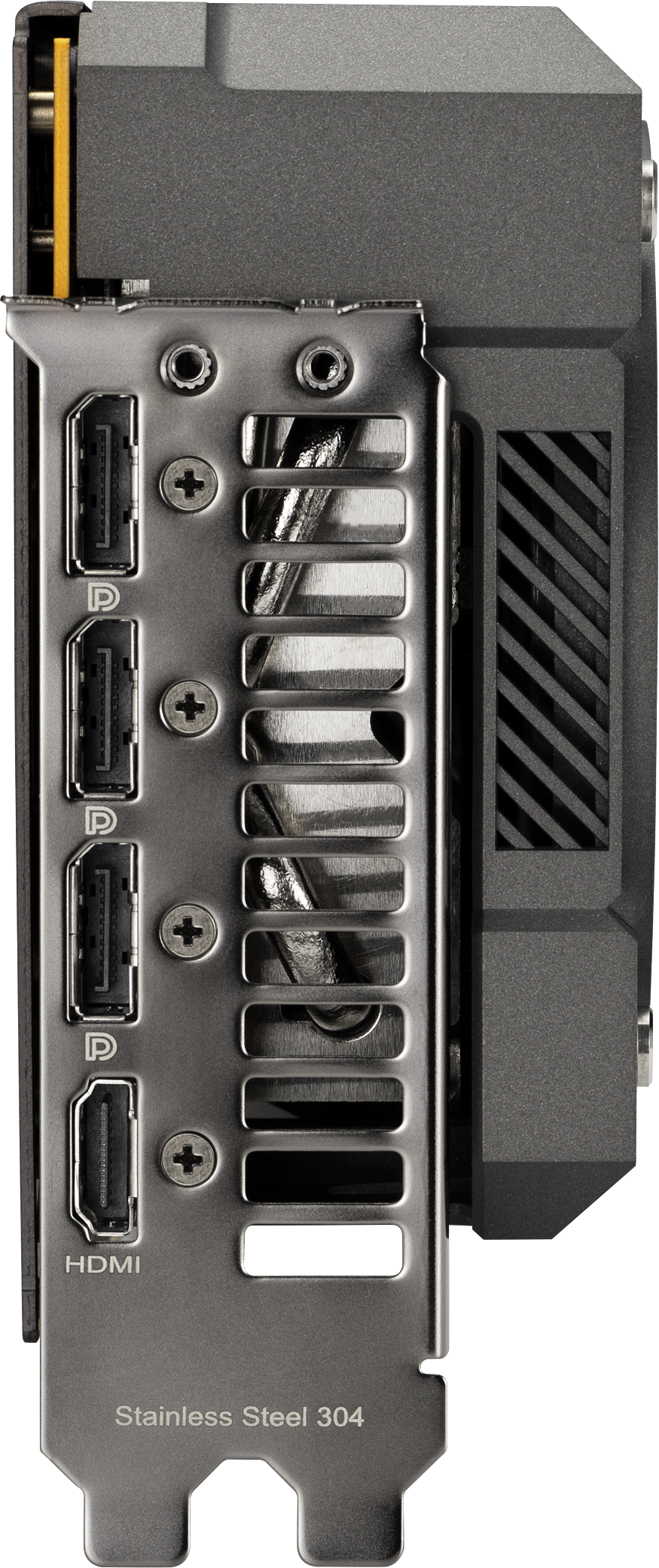 Gros plan du panneau arrière d'une carte graphique. Comprend des connecteurs HDMI et DisplayPort, des grilles d'aération et une plaque en acier inoxydable.